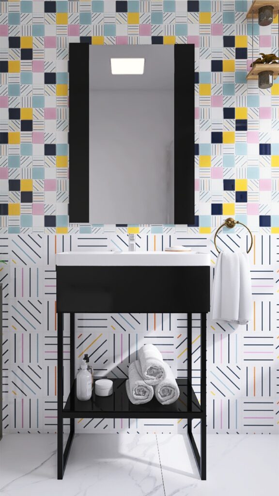 Vanitory negro con revestimiento de vidrio de diseño geométrico