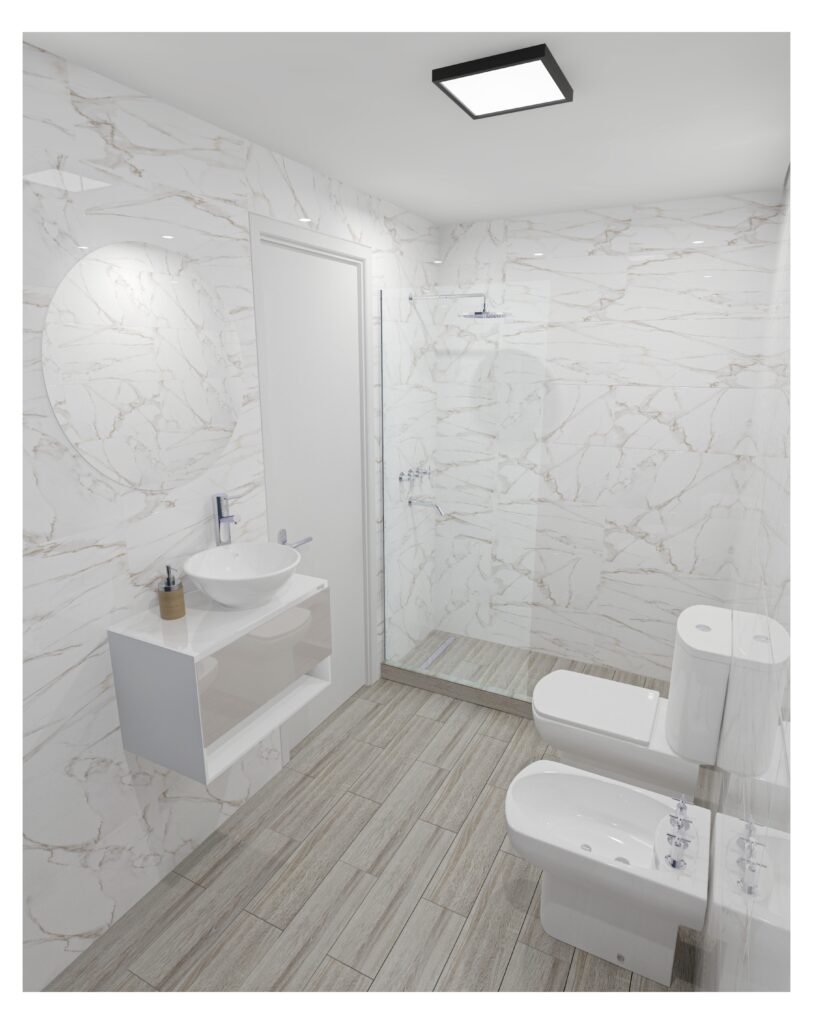 Baño renovado con revestimiento de vidrio Stampato símil mármol